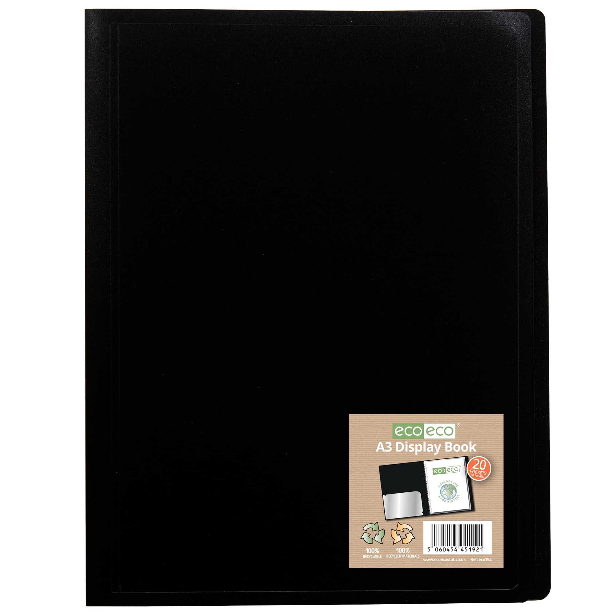 eco-eco A3 20 Pocket Flexible Cover Portfolio Book - Black | 100% Recycled PP