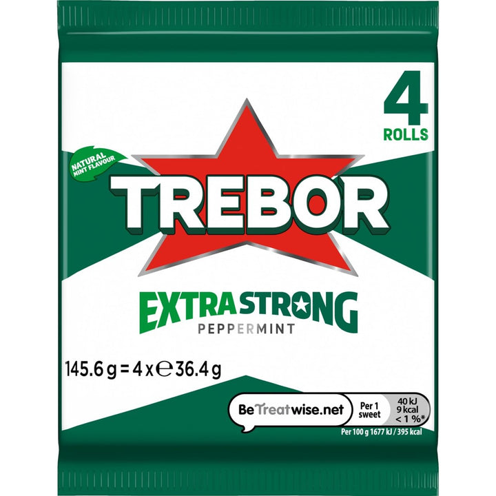 Trebor Extra Strong Peppermint Mint Sweets, 4 Pack Rolls, 146 g (Pack of 12)