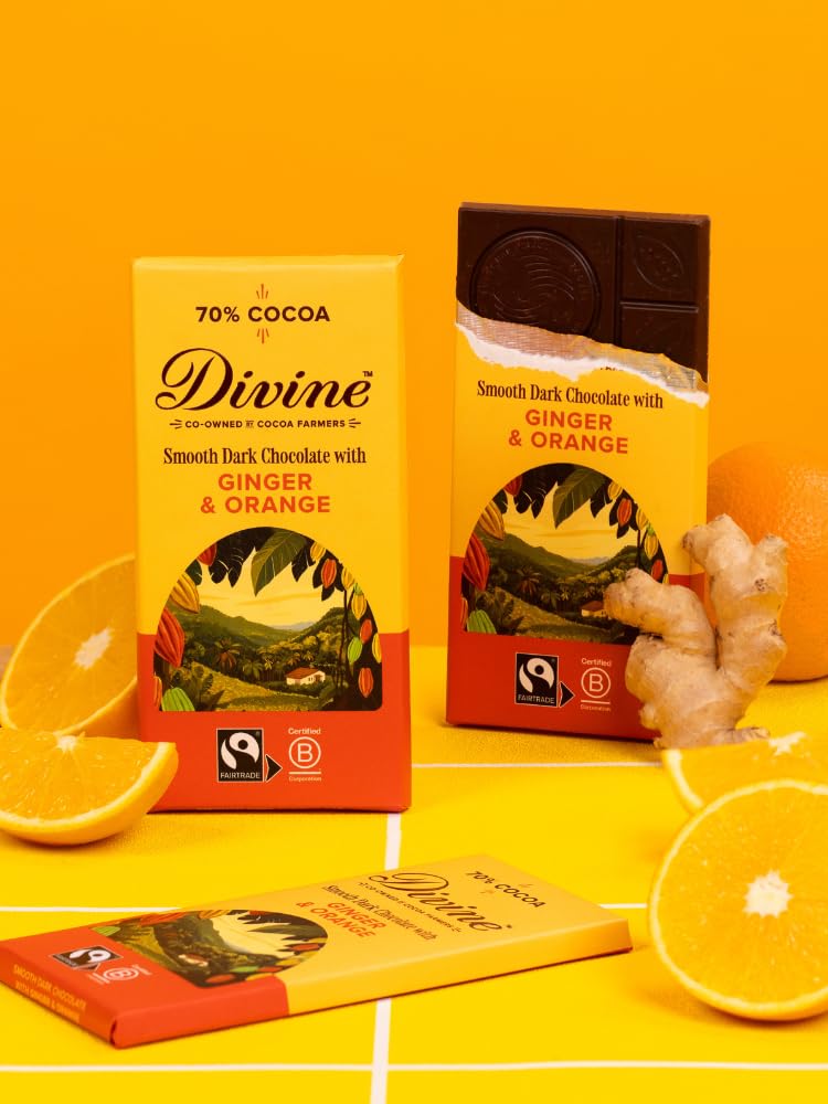 Divine 70% Cocoa Dark Chocolate with Ginger & Orange Bar | 90g Fairtrade 2