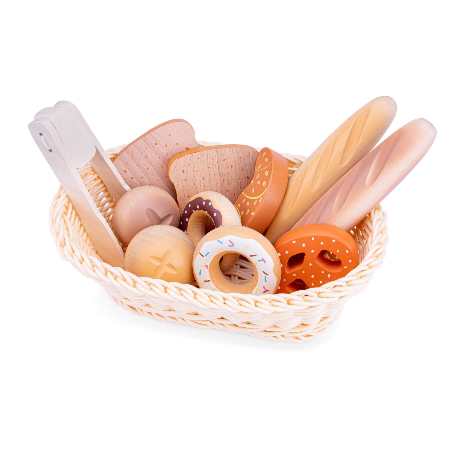 New Classic Toys Bread Basket with Wooden Bread Pieces for Pretend Play Kitchen | Ages 2+ | Wood 1