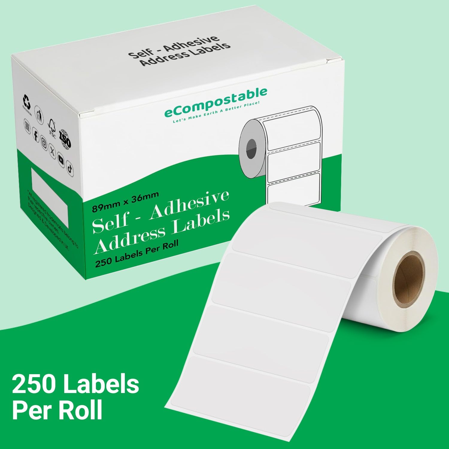 eCompostable Self Adhesive Address Labels - 89x36mm White Sticky Labels on Roll | 250 Count 2