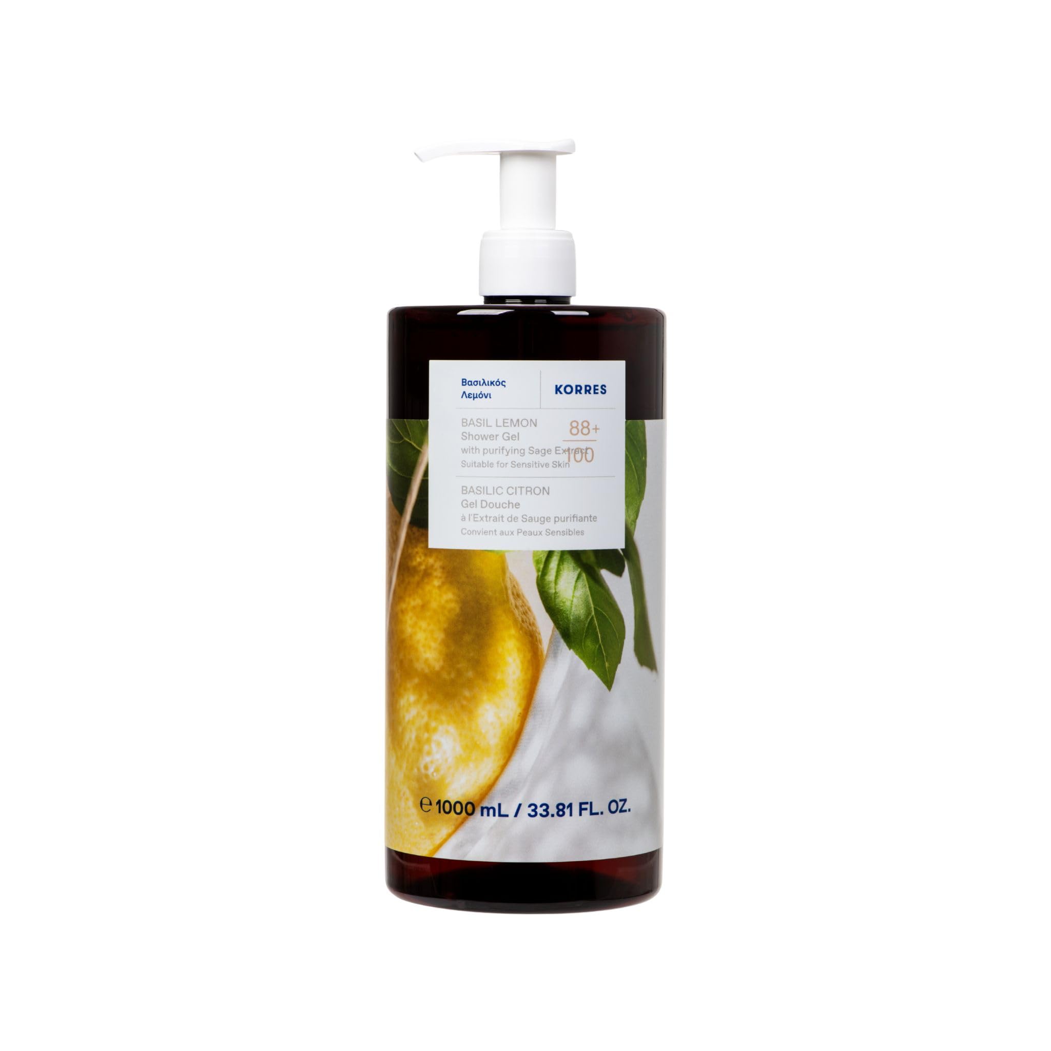 Korres Basil Lemon Shower Gel - 1L Gel to Foam Cleanser for Unisex Adult Skin