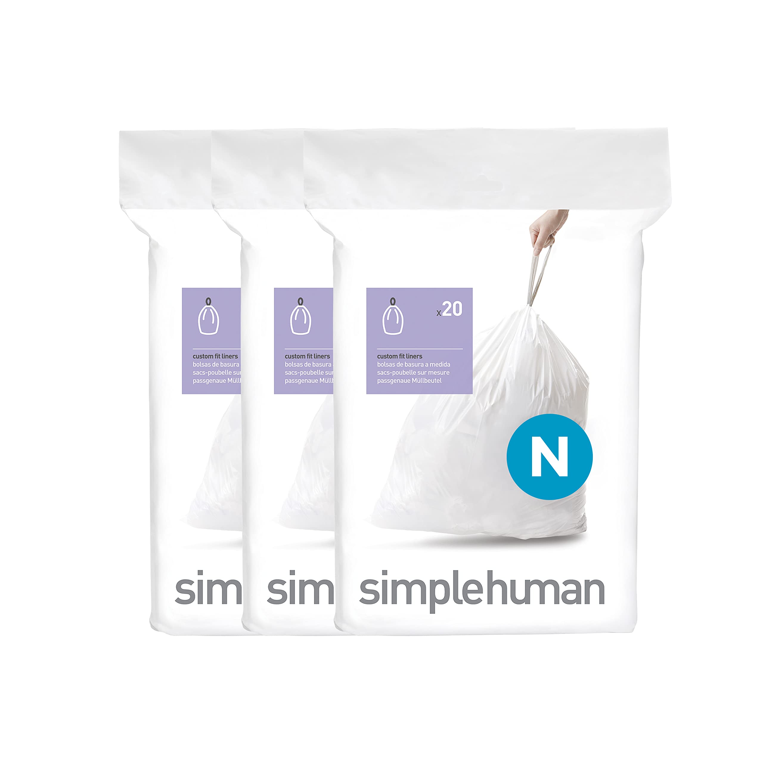 simplehuman Code N Custom Fit Drawstring Rubbish Bags - 50 Litre Capacity | 60 Count | White