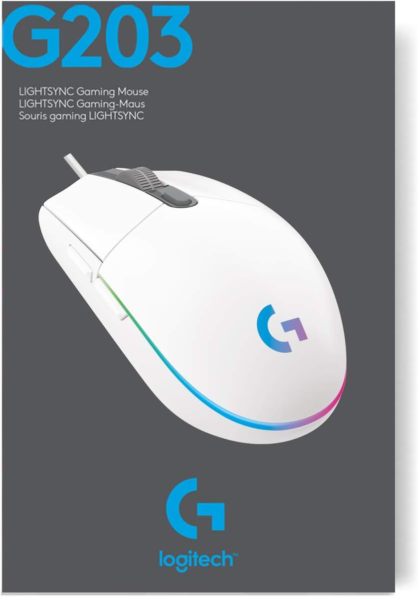 Logitech G203 LIGHTSYNC Gaming Mouse - 8K DPI, 6 Programmable Buttons, RGB Lighting, Lightweight Design - White