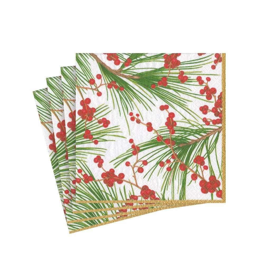 Caspari Berries and Pine Triple-Ply Paper Cocktail Napkins - 20 Per Package 1