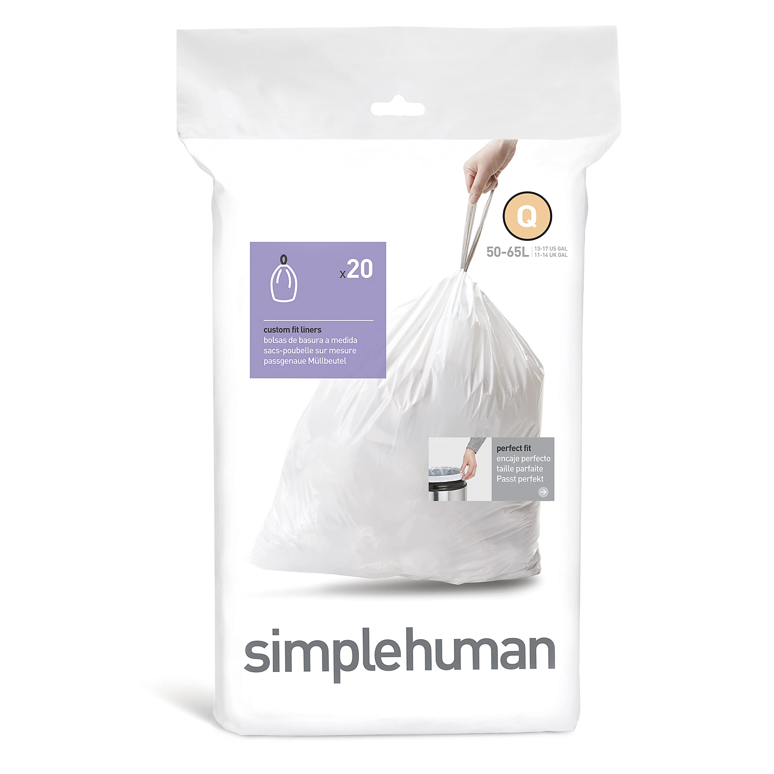 simplehuman Code Q Custom Fit Bin Liners - 17 Gallon Capacity, White Plastic (20 Count)