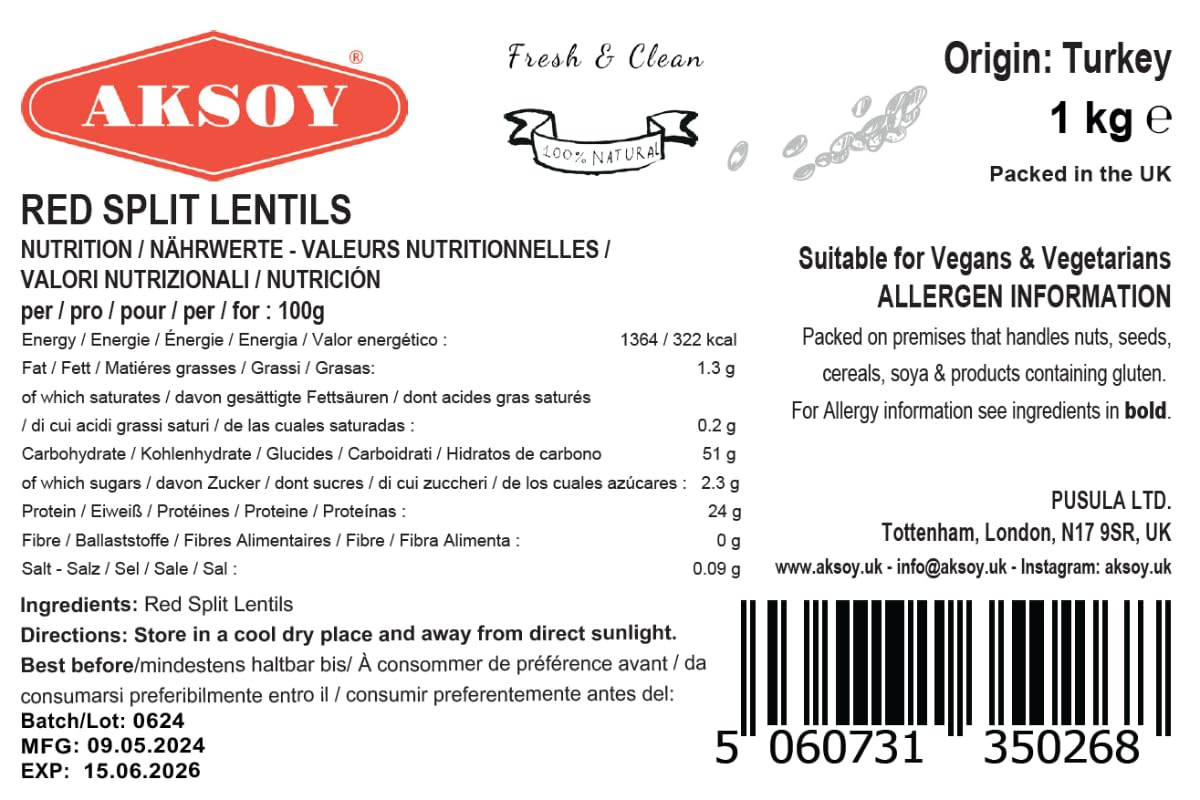 AKSOY Red Split Lentils - 1kg Pack | High Protein | Vegan & Vegetarian Friendly 6