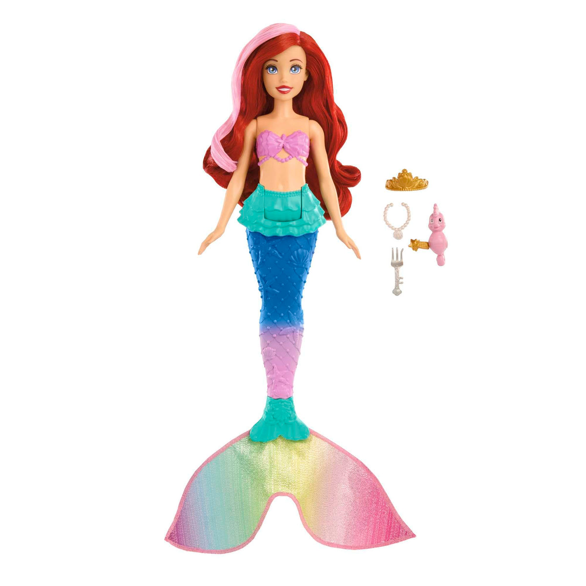 Mattel Disney Princess Feature Swimming Ariel Doll - Color-Change Hair & Tail, Includes Seahorse Friend