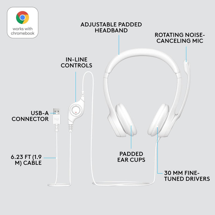 Logitech H390 Wired USB Headset with Noise-Cancelling Mic for PC, Chromebook, Laptop - Stereo Sound, In-line Controls, 1.9m Cable