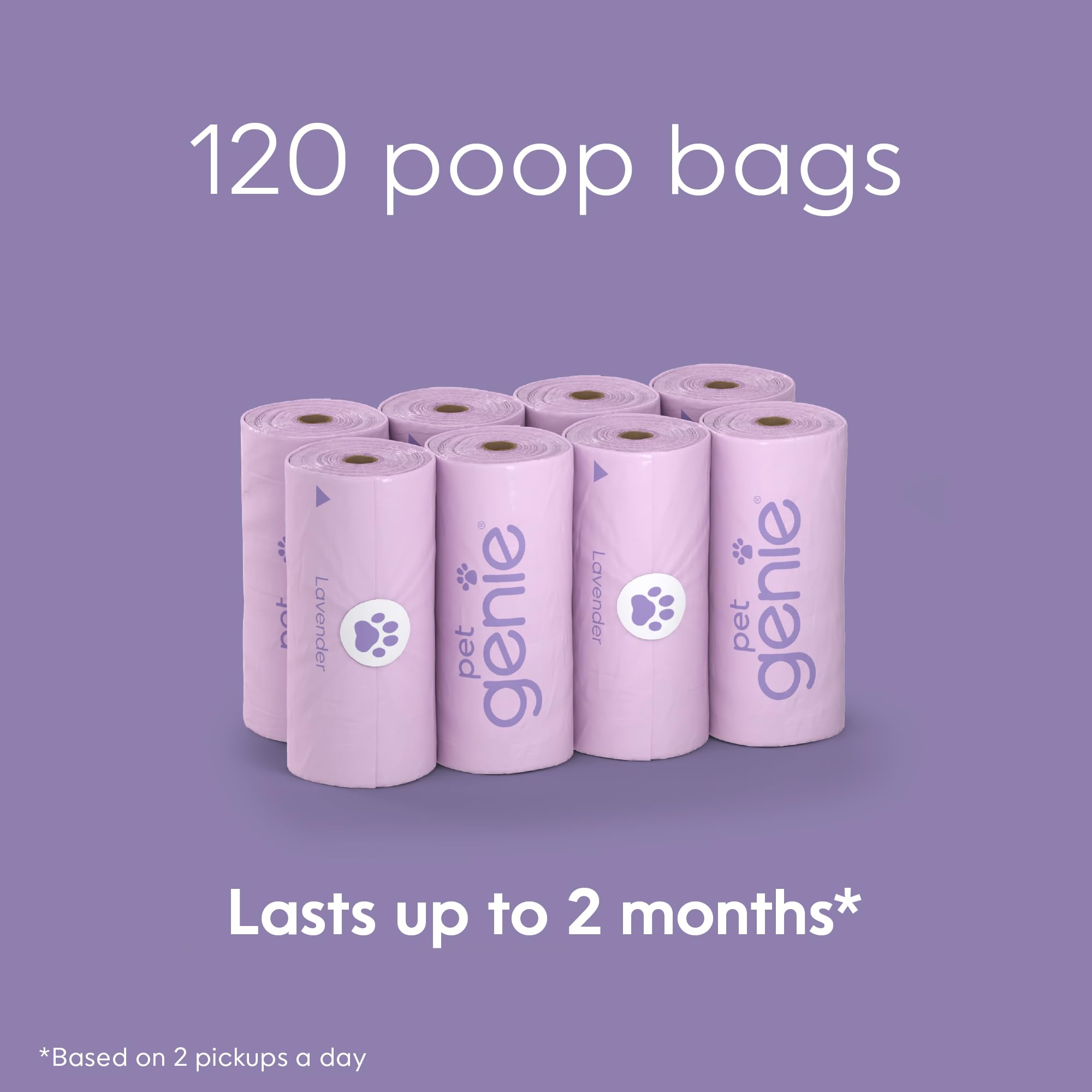 Pet Genie Dog Poo Bags - 120 Count Lavender Scented Rolls | Leakproof & Thick | 8 Rolls Pack
