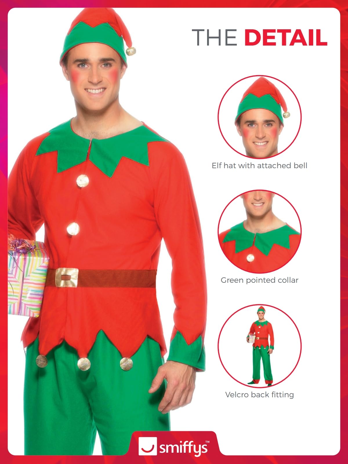 Smiffys Elf Costume - Red & Green Adult Fancy Dress with Top, Trousers & Hat 10