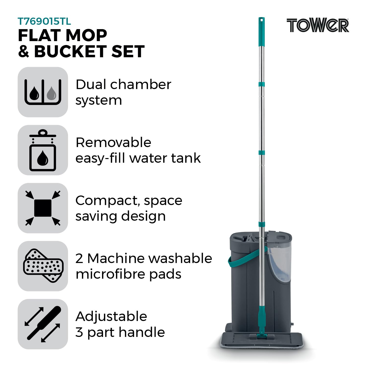 Tower Flat Mop and Bucket Set - 2 Washable Microfibre Mop Heads, 1.8L Clean Tank, Teal
