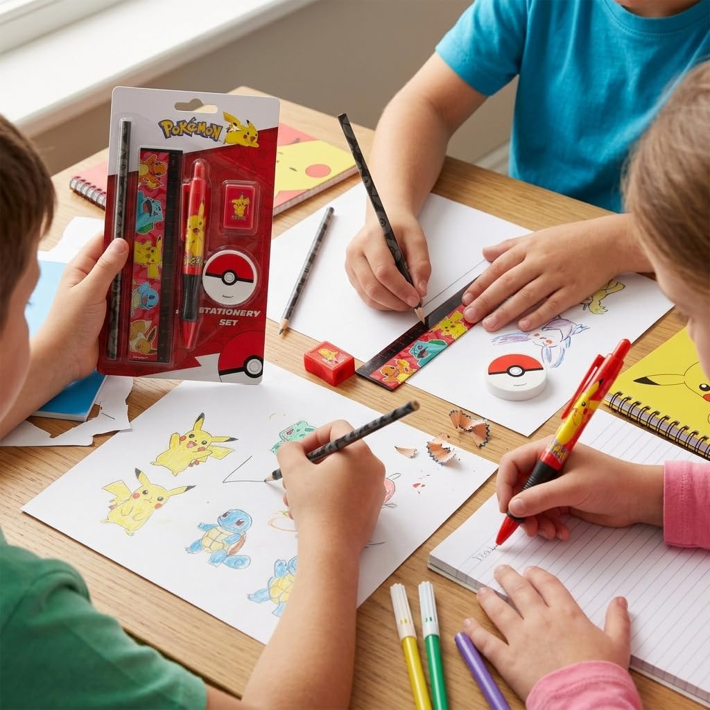 HOX Pokémon Stationery Set - Pikachu Pen, Pencil, Ruler, Sharpener, Eraser | Blue Ink | Kids 4