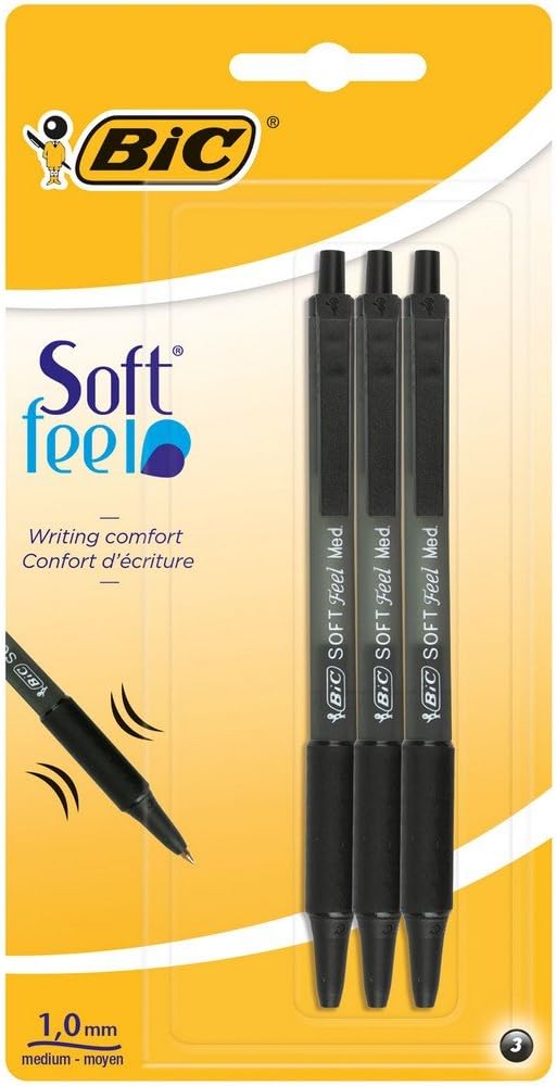 BIC Soft Feel Ballpoint Pens - Black - Pack of 3 Pens - Medium Point (1.0 mm) with Rubber Grip for Comfort
