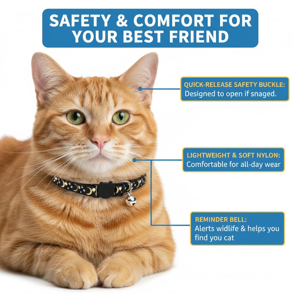 Muexoee Reflective Adjustable Cat Collar with Bell, Moon Star Print, Blue, 2 Pack 5