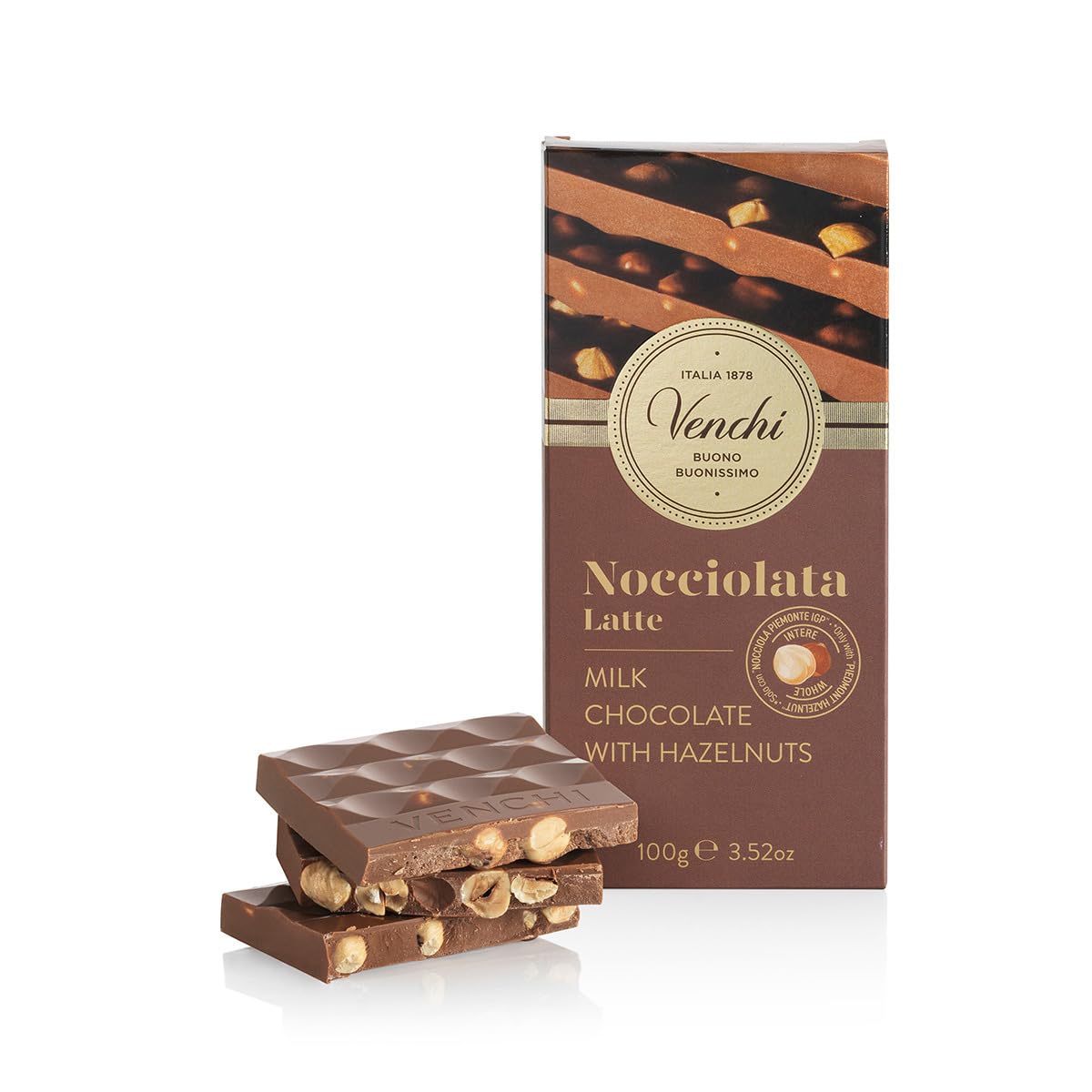 Venchi Milk Chocolate Hazelnut Bar 100g with Whole Piedmont Hazelnuts - Gluten Free 1
