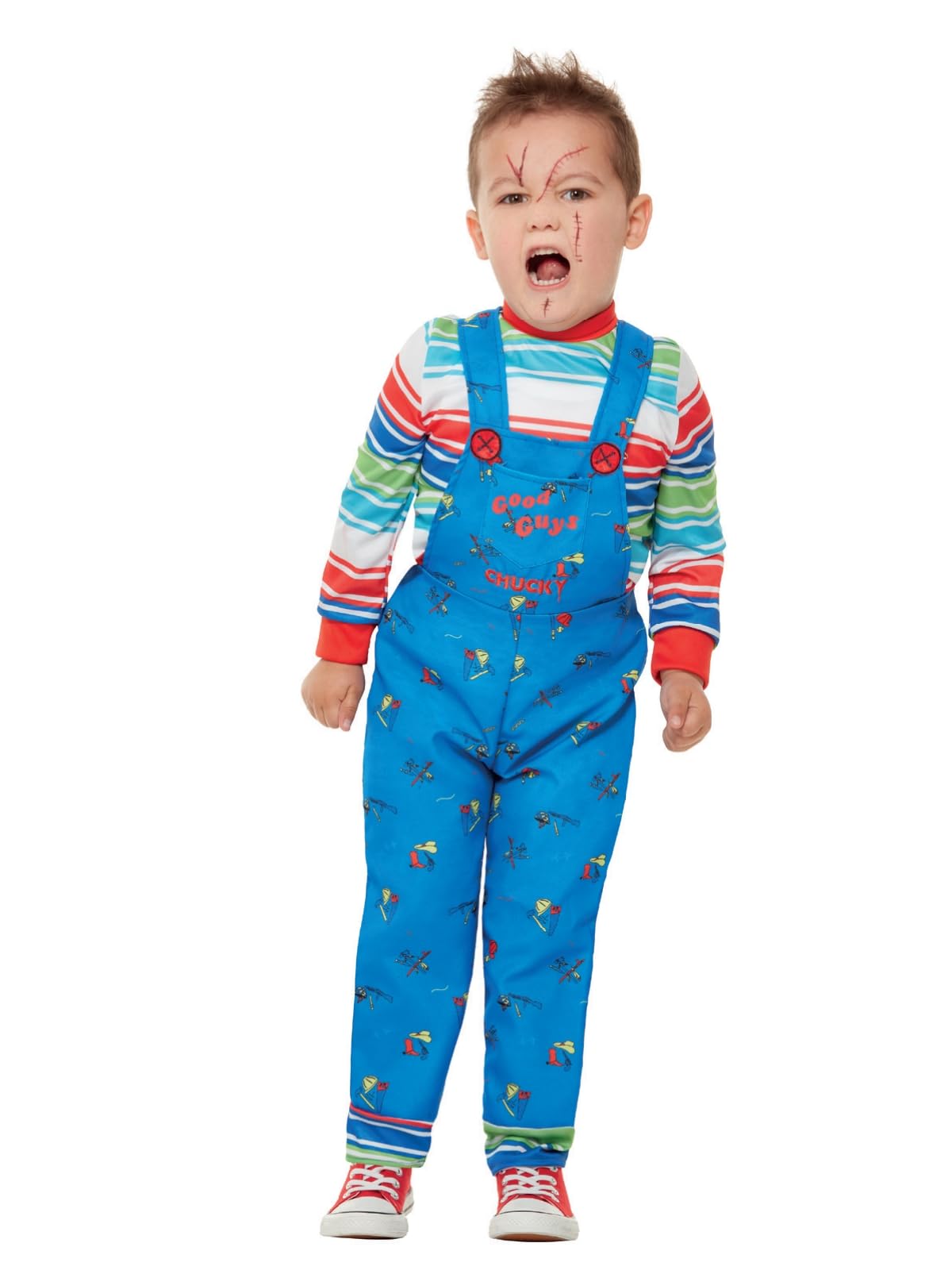 Smiffys Chucky Costume - Kids Blue Striped Top and Printed Dungarees 1