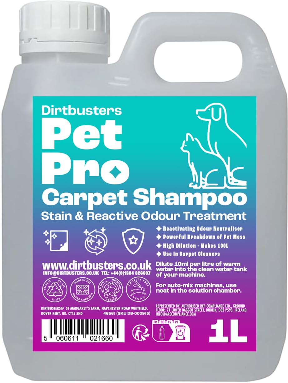 Dirtbusters Pet Pro Carpet Cleaner Shampoo - Concentrated 1L, Makes 100L, Low pH Formula 1