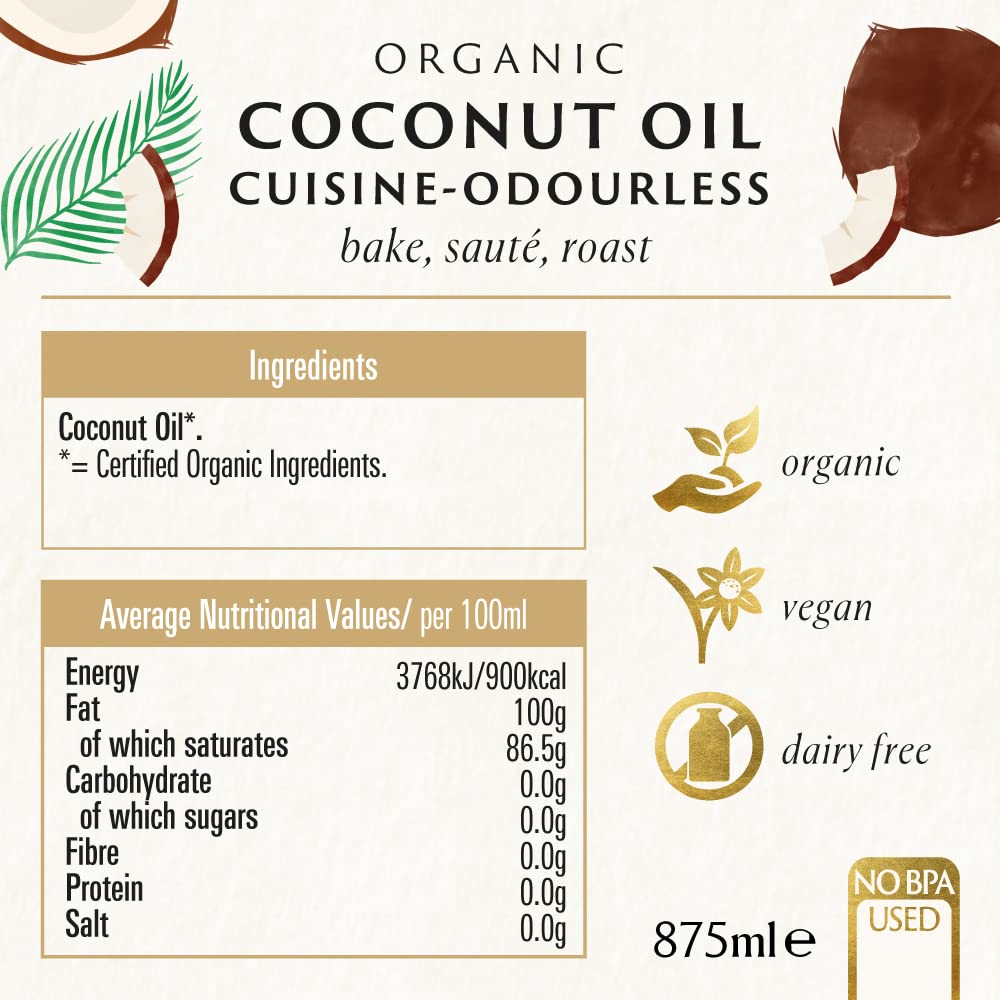 Biona Organic Coconut Oil Cuisine - Mild & Odourless for High-Temp Cooking | 875 ml | Dairy Free