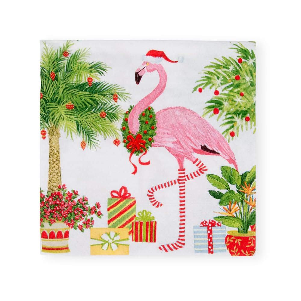 Caspari Christmas Flamingos Triple-Ply Cocktail Napkins, 20-Pack 1