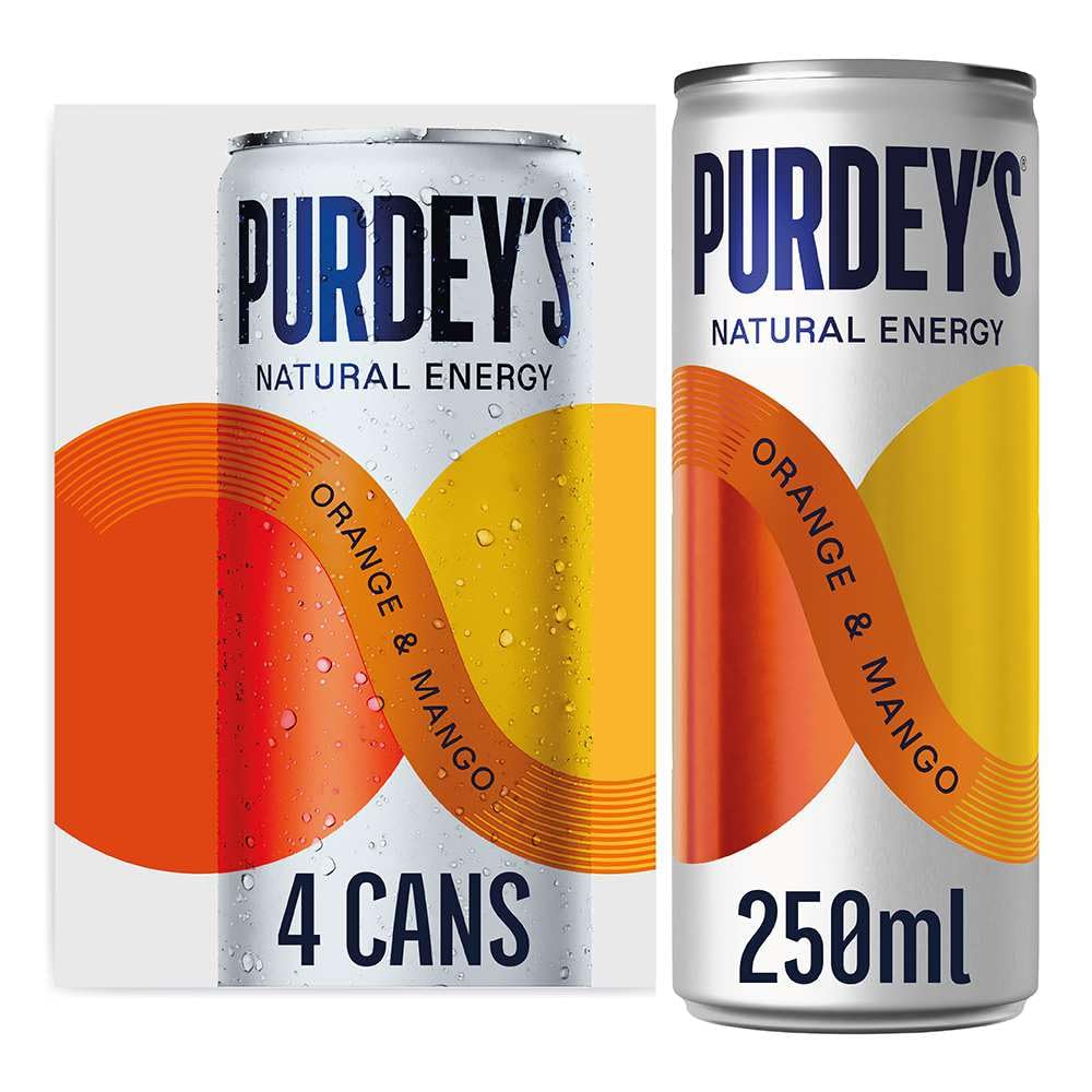 Purdey's Natural Energy Orange & Mango Juice - 250ml Can (Pack of 4) | Natural Caffeine & B Vitamins