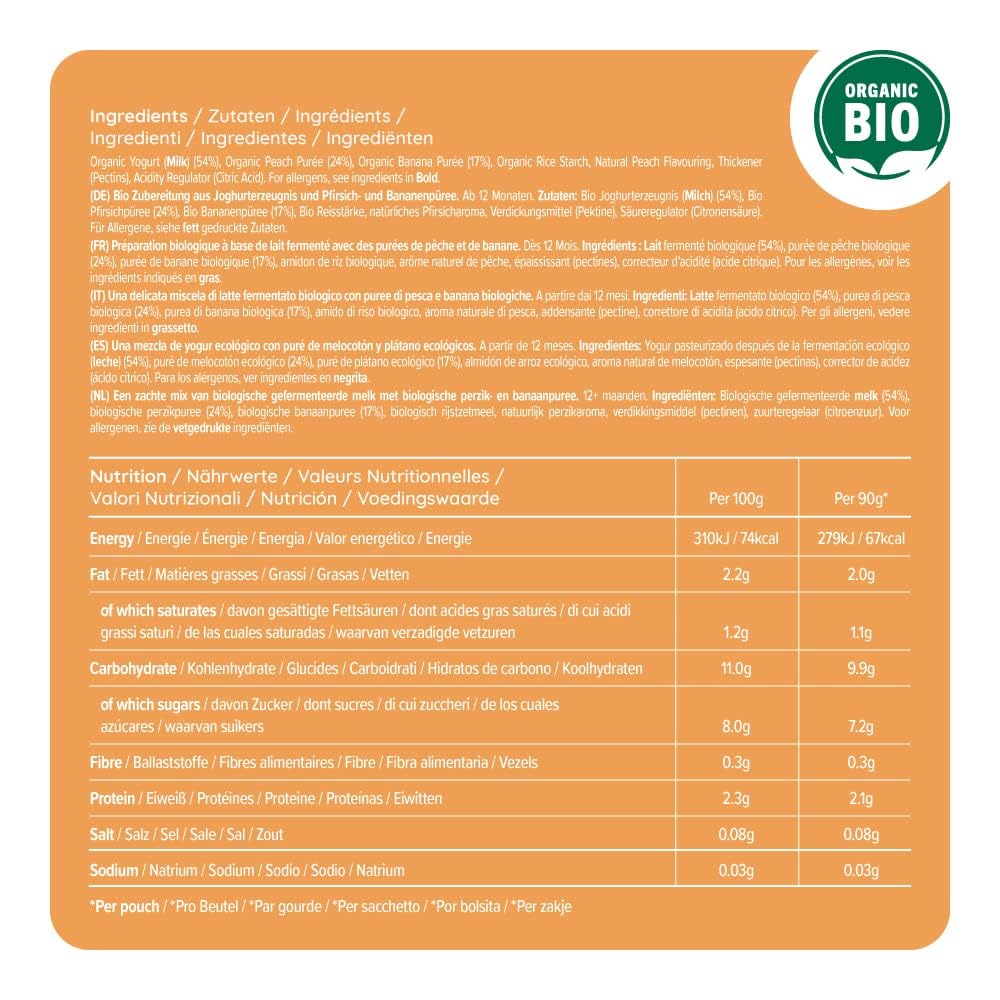 Mama Bear Organic Peach & Banana Yogurt Purée Pouches - 90g (Pack of 6), Suitable for 12 Months+ 6