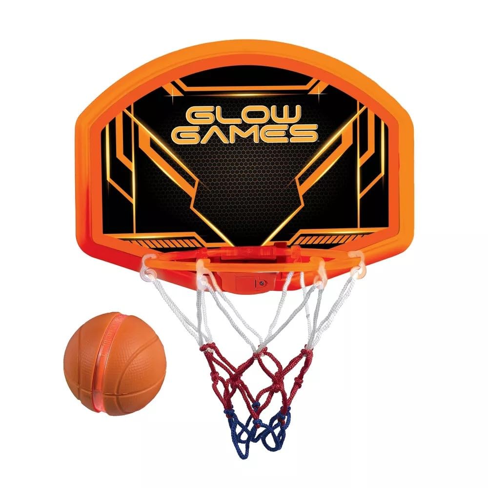 Glow Games Light-Up Basketball Hoop and Ball - LED Glow in the Dark, Flexible Rim, Over-the-Door, Ages 5+ 1