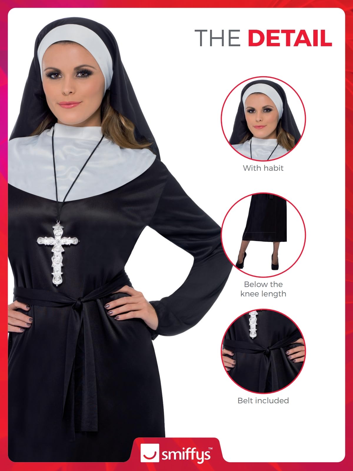 Smiffys Nun Costume - Women's UK Size 08-10 | Polyester | Includes Dress, Belt & Headdress 3