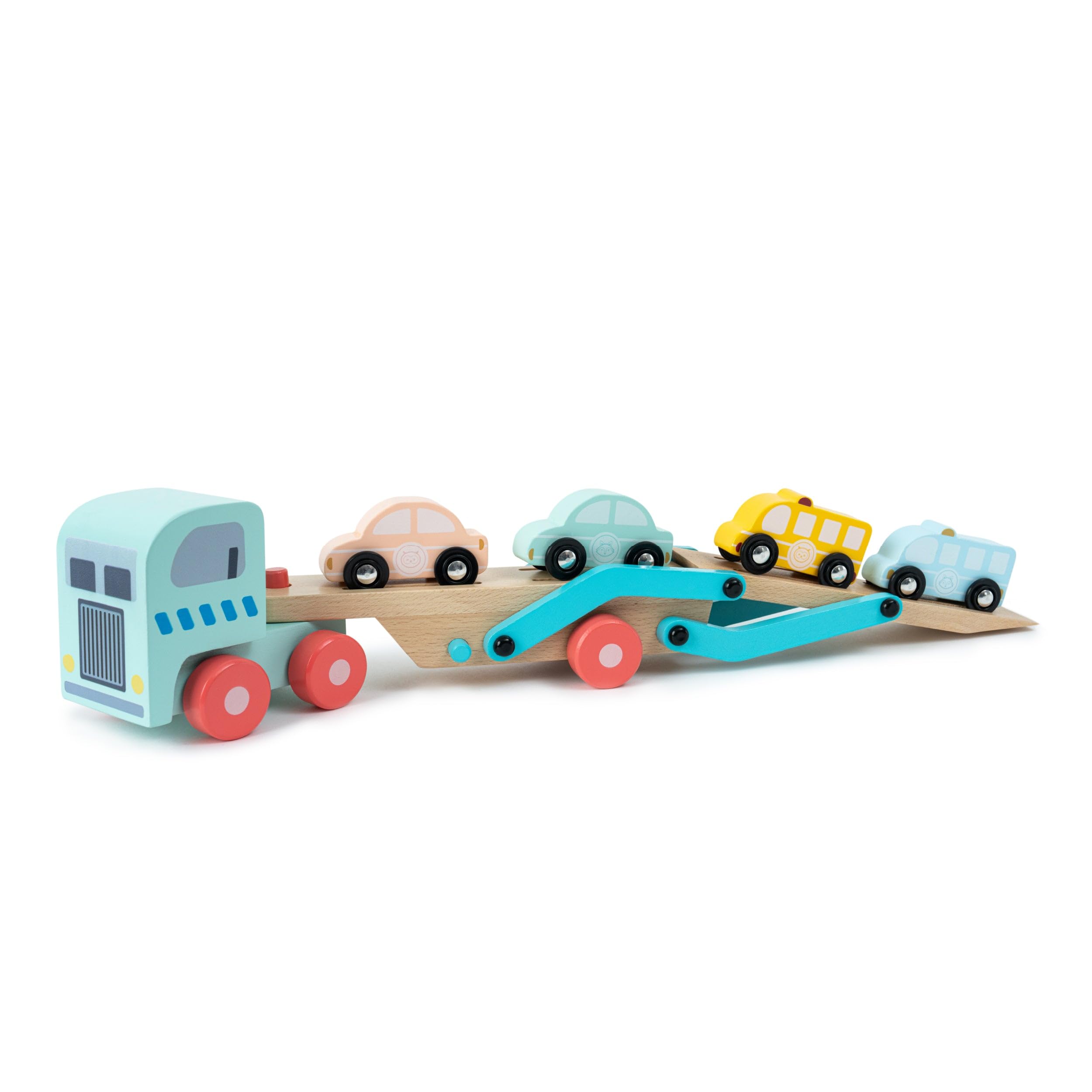 Owl & Fox Wooden Toy Car Transporter with Lorry, Trailer, and 4 Cars 6