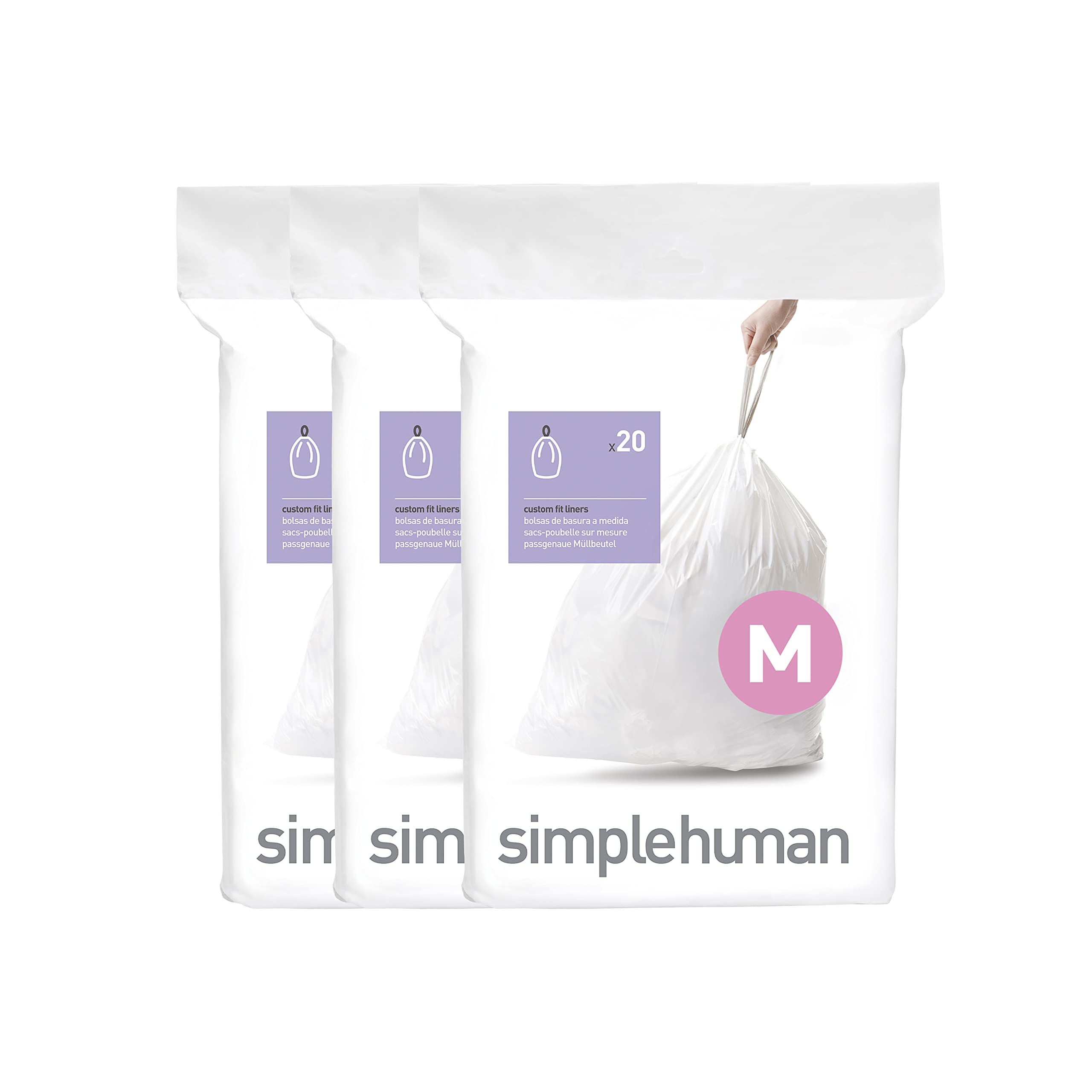 simplehuman Code M Custom Fit Liners - Extra Strong, 45L Capacity, 60 Count Drawstring Bags