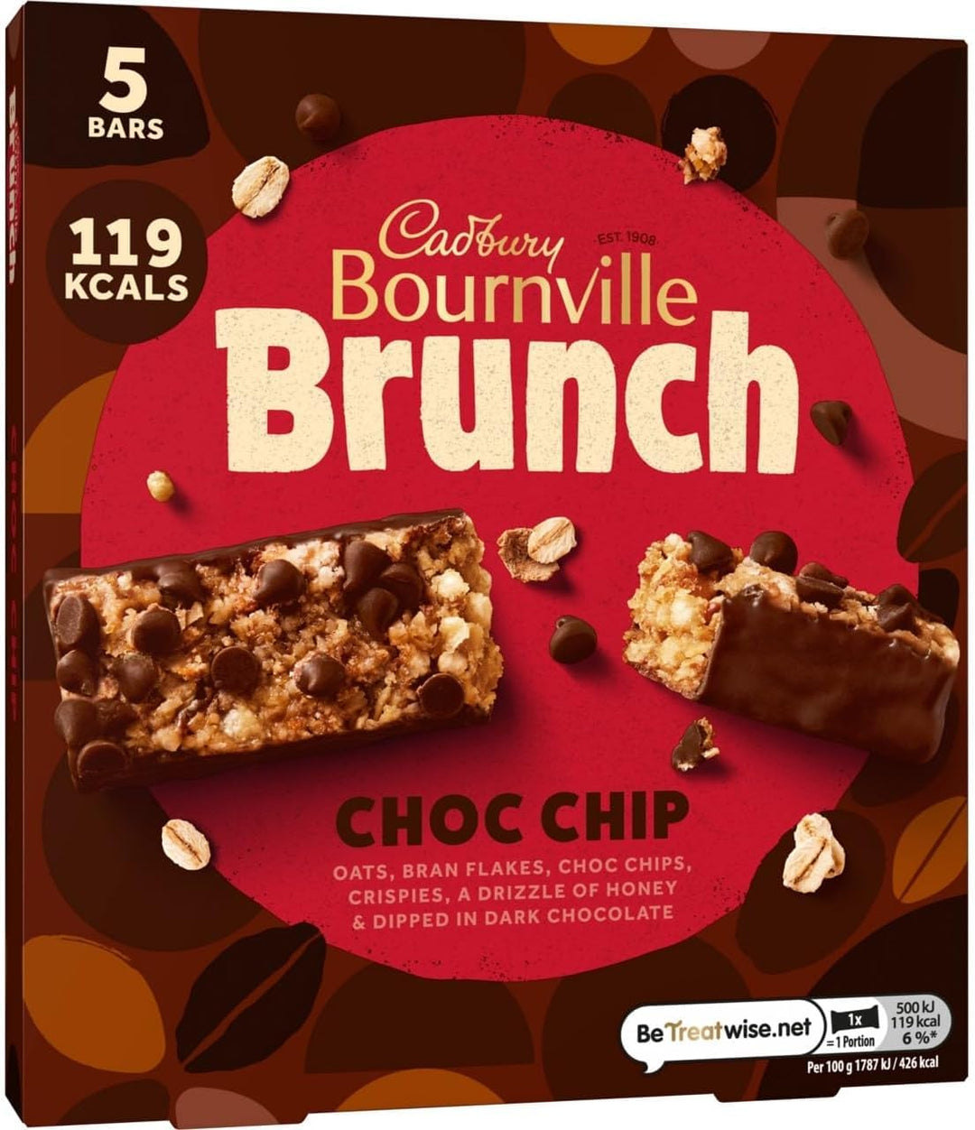 Cadbury Bournville Brunch Bar Chocolate Chip, Dark Chocolate Cereal Bars with Oats, 140g