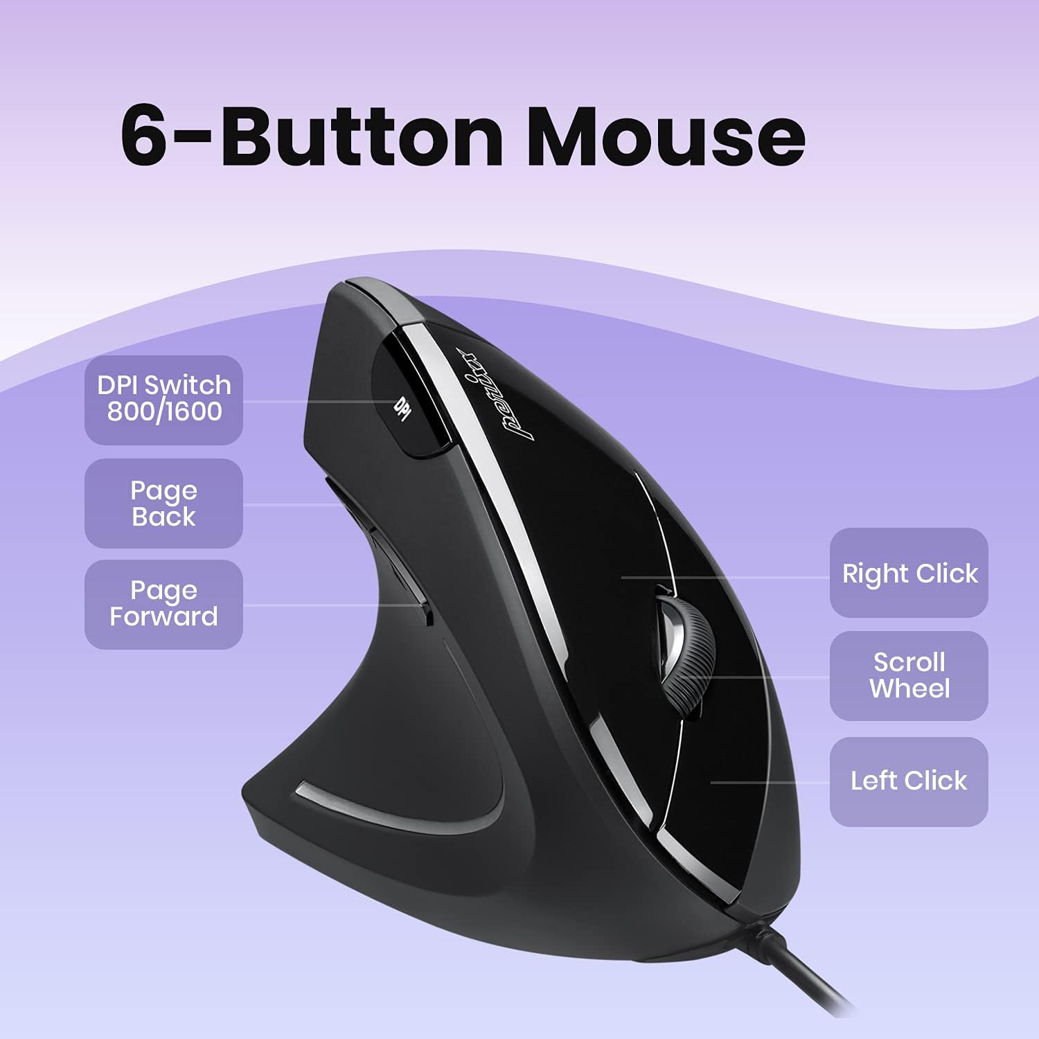 Perixx PERIMICE-513L Left-Handed Wired Vertical Mouse - 6 Button Optical with 1000/1600/3200/6400 DPI, Black 7
