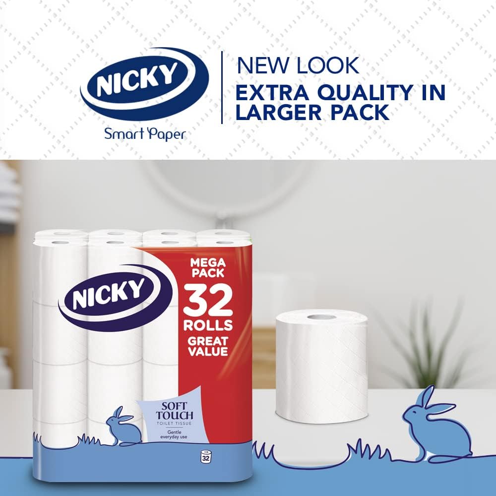 Nicky Soft Touch Toilet Tissue - 32 Rolls, 190 Sheets per Roll, Extra Gentle White Bathroom Tissue 5