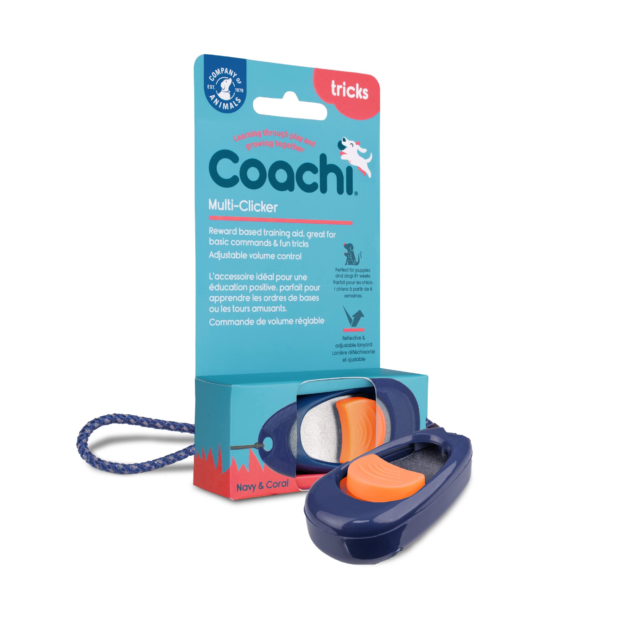 Coachi Multi-Clicker Dog Training Aid - 3 Volume Settings | Adjustable Wrist Strap | Navy/Coral