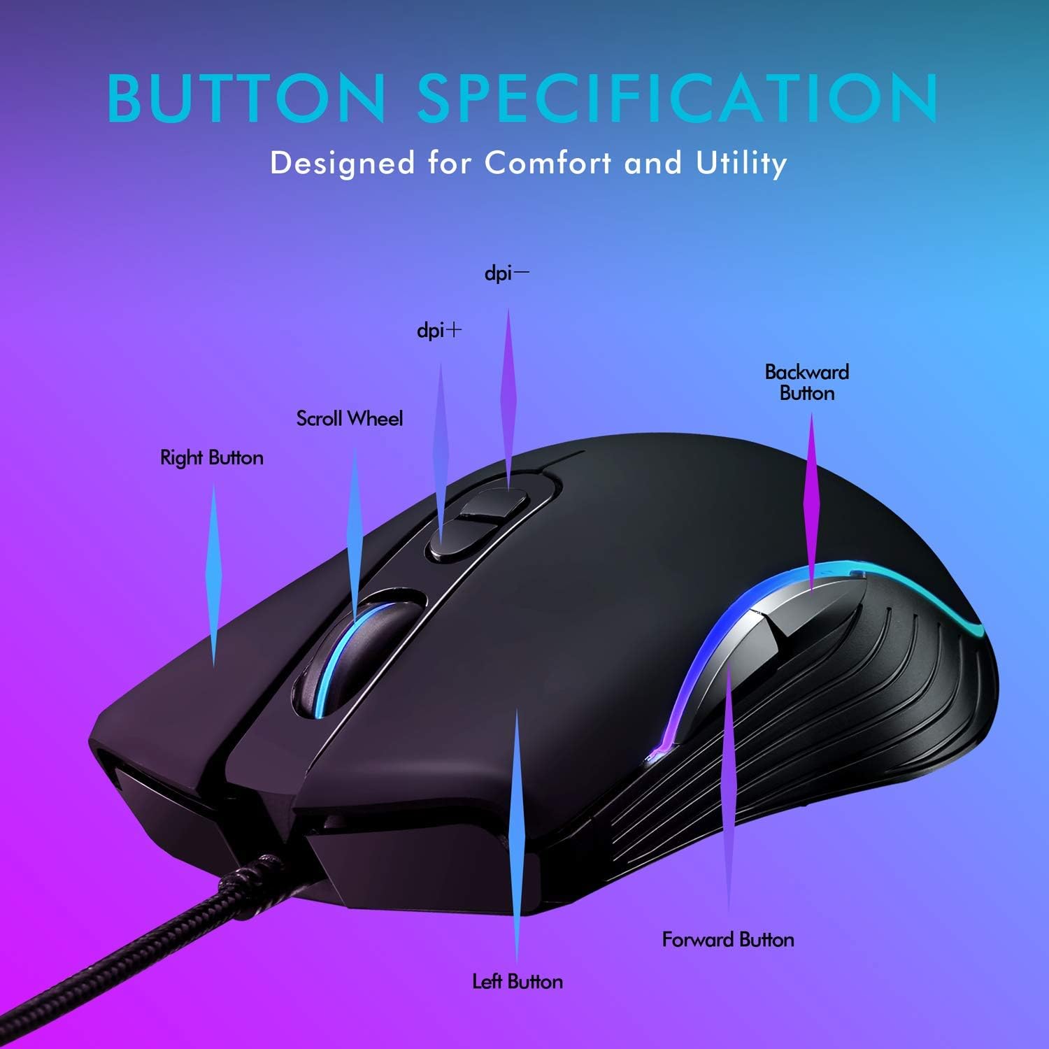 Lycander Gaming Mouse LMC380 - Wired Optical USB with 6400 DPI, 7 Buttons, RGB LED, 1.5M Cable 3