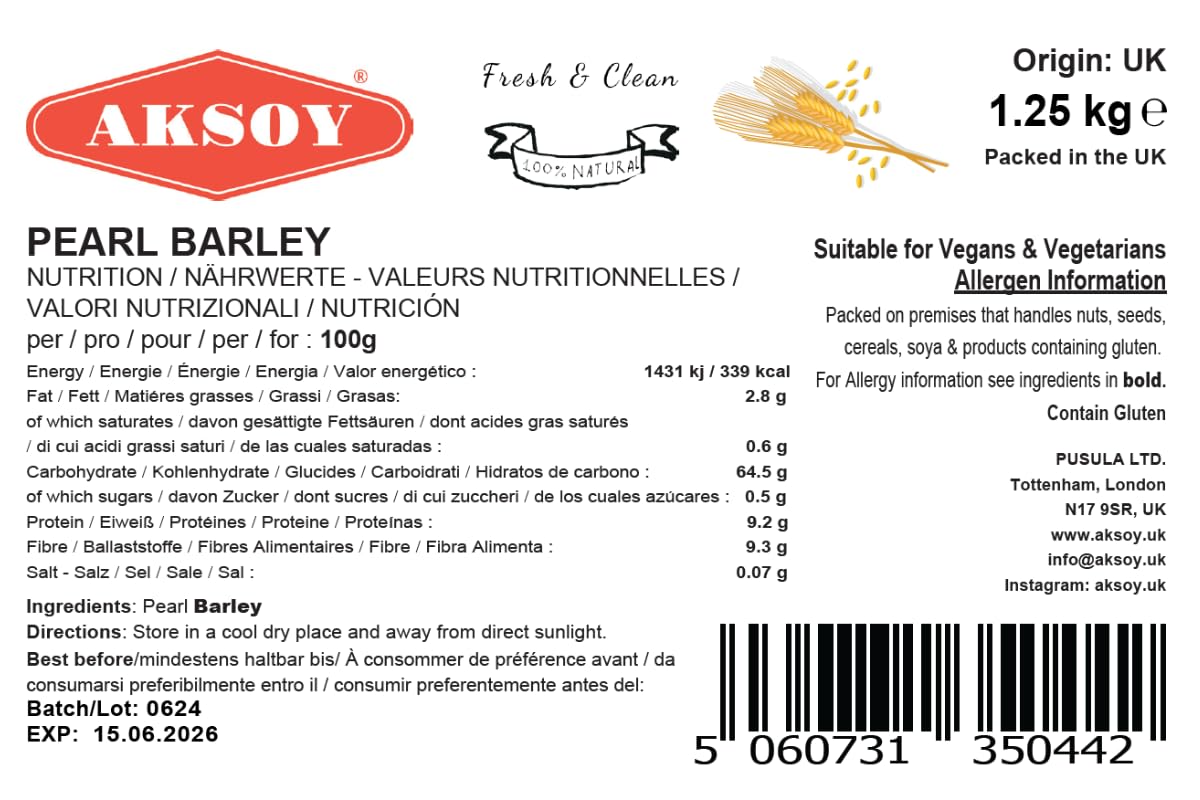 AKSOY Wholefoods Pearl Barley - 1.25KG Bag | High Fiber Grain for Soups & Salads 7