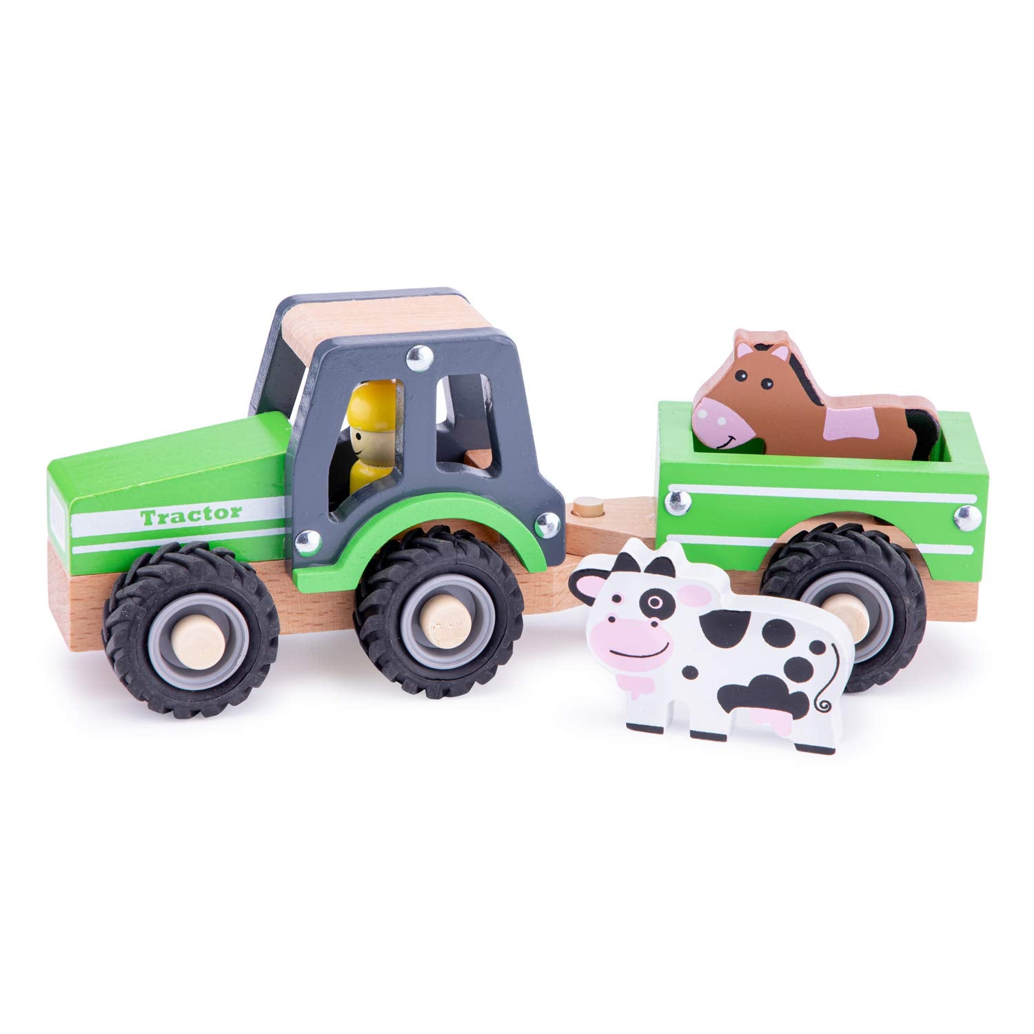 Woet 11941 Wooden Tractor with Trailer and Animals | Green | Ages 18 Months+