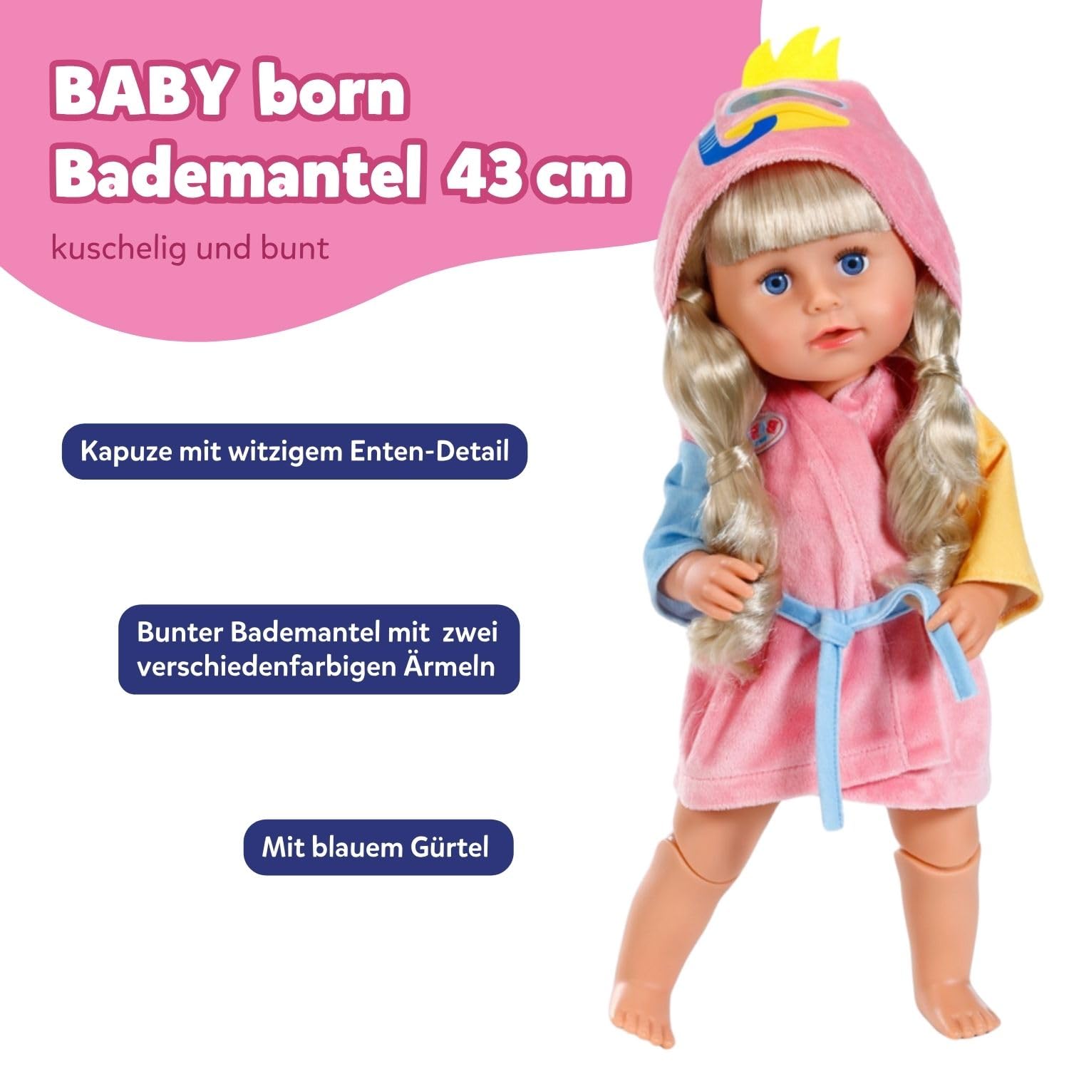 BABY born Bathrobe for 43cm Dolls - Pink Duck Hood | Polyester | Ages 3+ 2