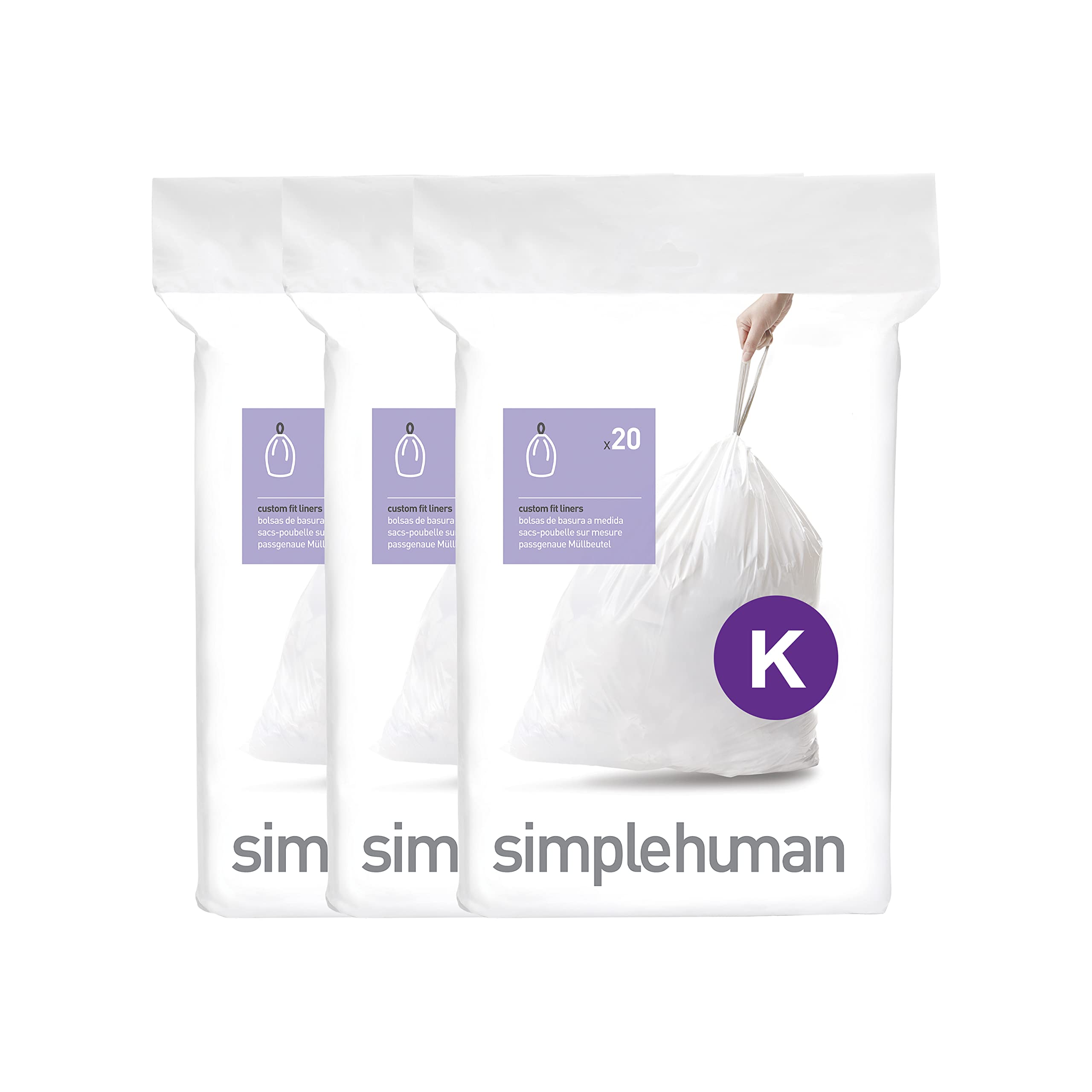 simplehuman CW0260 Code K Custom Fit Bin Liner - 40L Capacity, White Plastic, 60 Count (Pack of 3)
