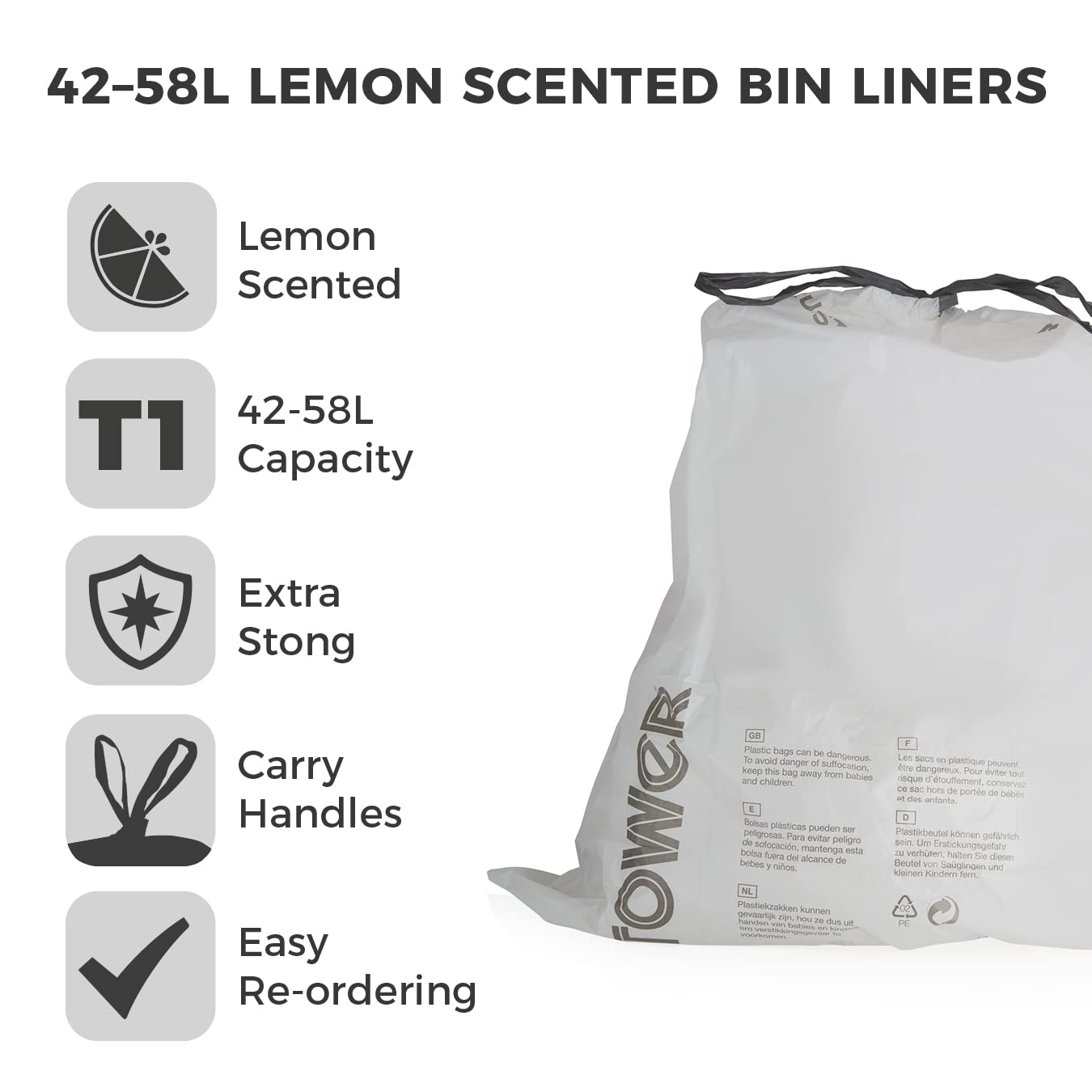 Tower T878000 Heavy Duty Drawstring Bin Liners - 42-58L Capacity, Lemon Scented | 20 Pack