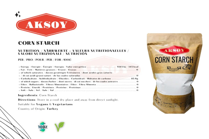 AKSOY 100% Pure Corn Starch | 1.25 KG Resealable Pouch | Non-GMO, Vegan Thickener for Gravy, Sauces, Baking & Puddings