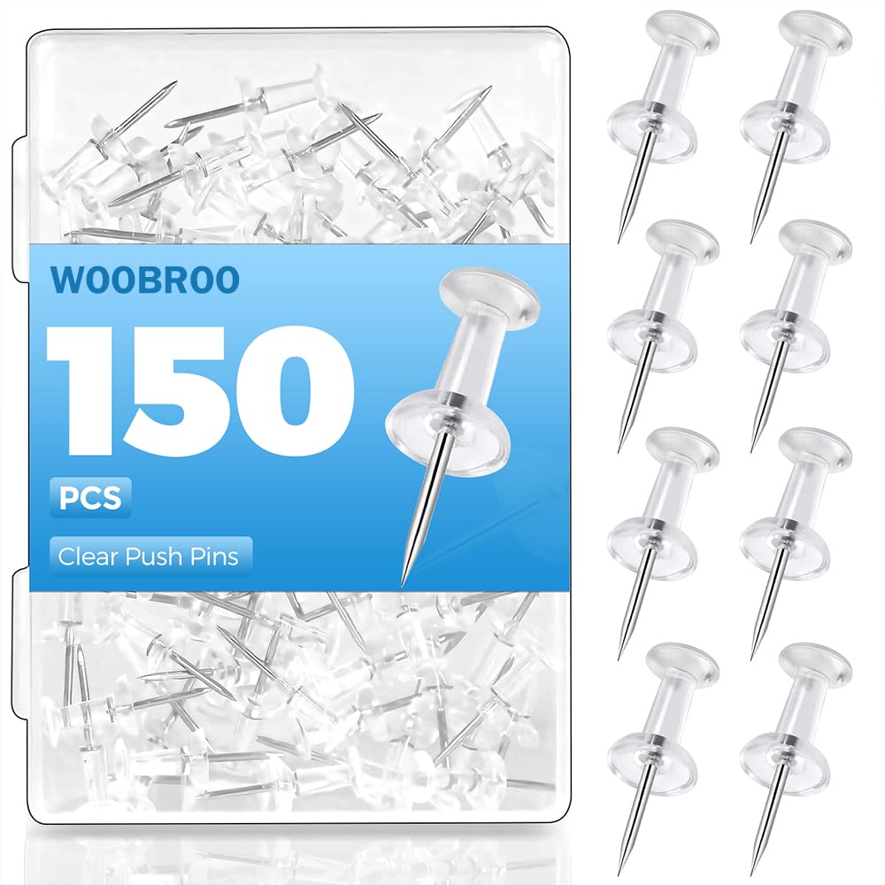 Woobroo Clear Push Pins - 150 Pcs Drawing Pins with Storage Box | Stainless Steel Needles 1
