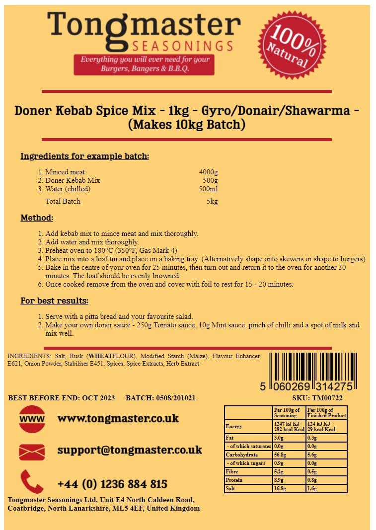 Tongmaster Doner Kebab Spice Mix - 1kg Pack | Makes 10kg Batch | Gyro/Donair/Shawarma Seasoning 3