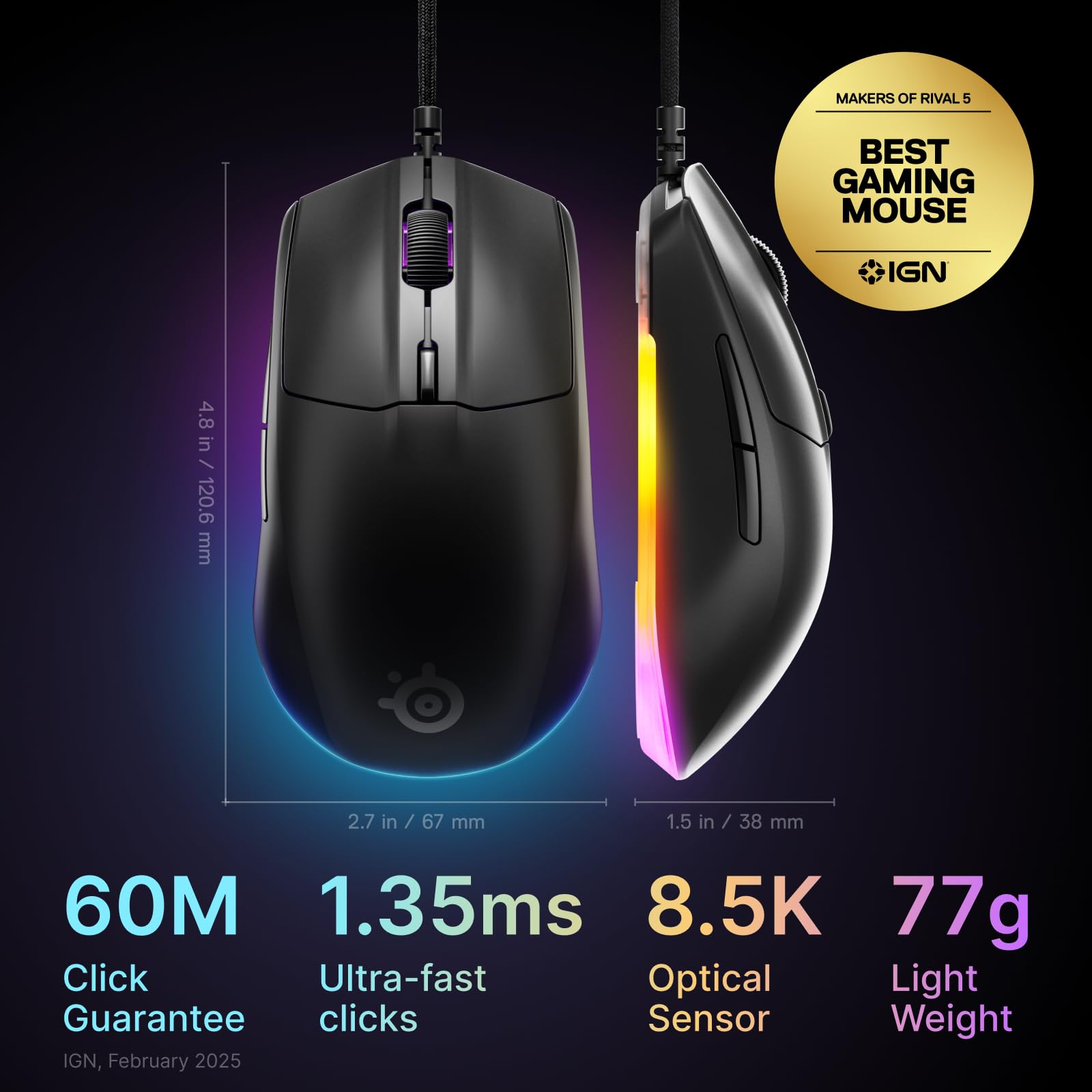 SteelSeries Rival 3 Gen 2 Gaming Mouse - 8500 DPI TrueMove Core Optical Sensor, 1.35ms Click Latency, 60M Clicks, RGB Lighting 10