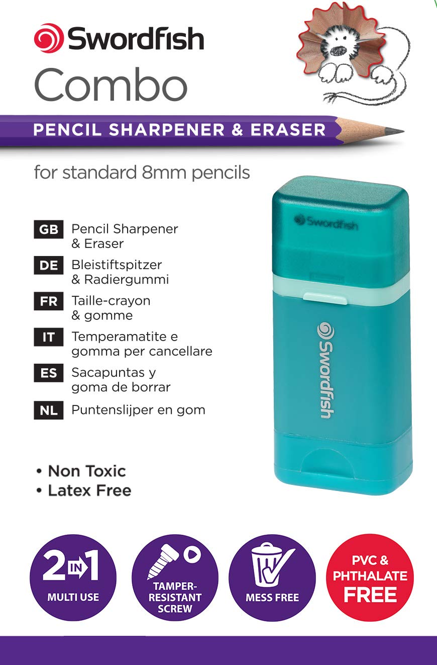 Swordfish Combo Pencil Sharpener & Eraser | Mess-Free Canister | Turquoise 2