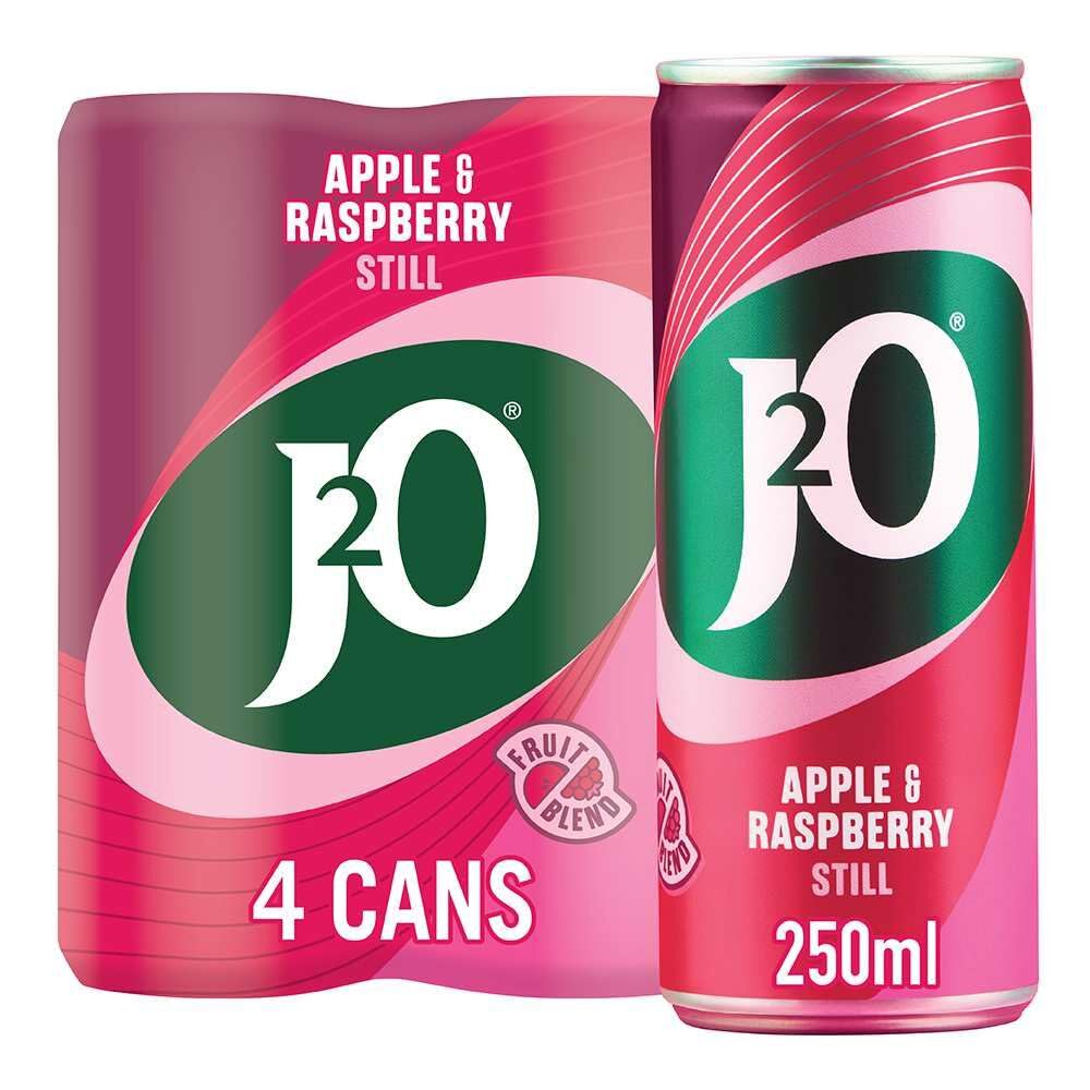 J2O Apple & Raspberry Fruit Drink Cans - 4 x 250ml Pack | Low Calorie 1