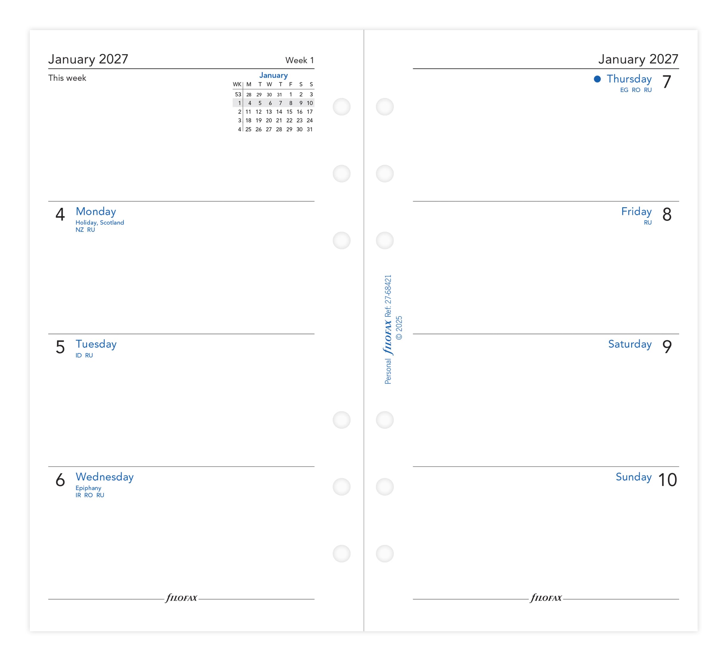 Filofax Personal 2027 Diary Refill - Week on Two Pages | Recycled Paper | 95mm x 171mm 2