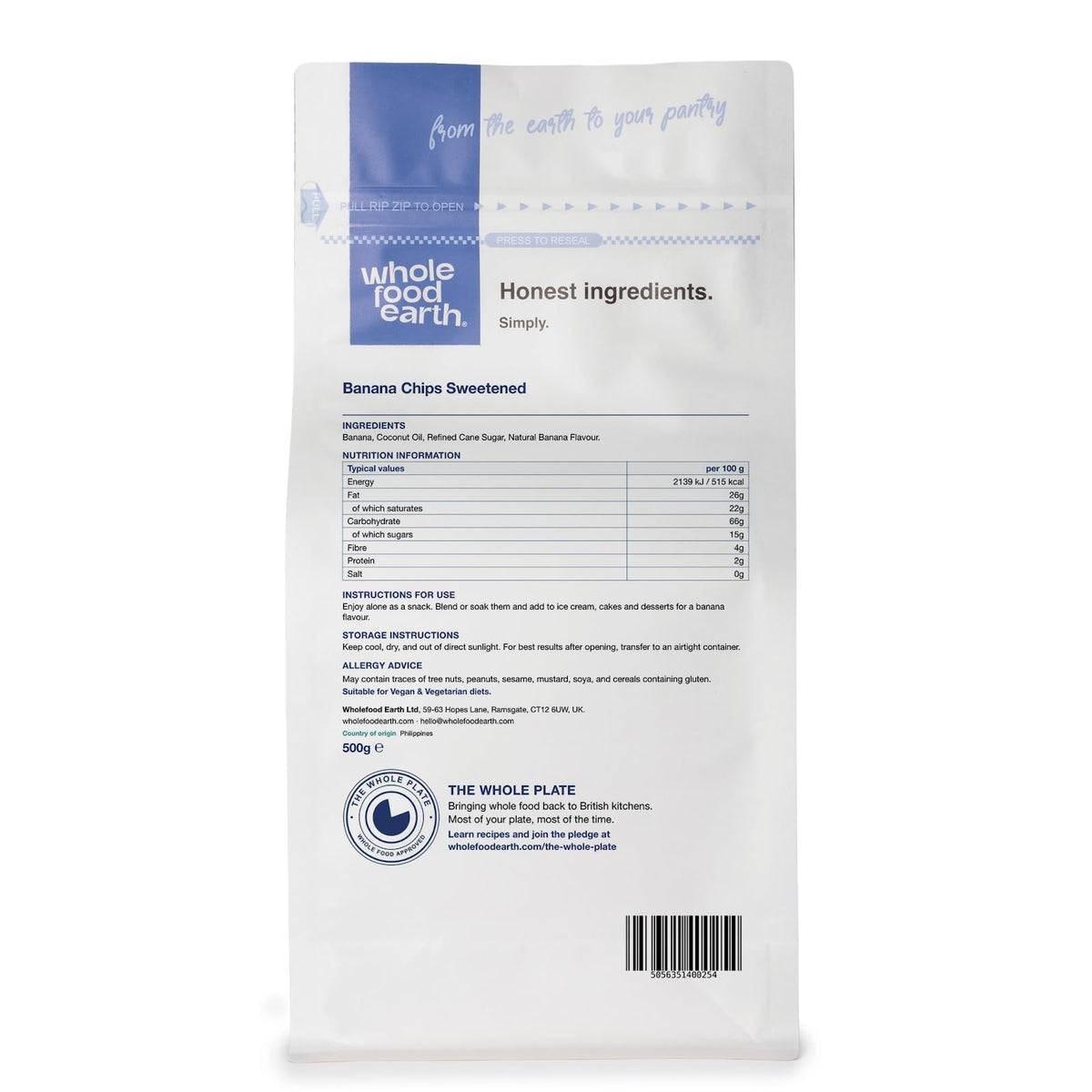 Wholefood Earth Banana Chips Sweetened (No Honey) 500 g | GMO Free