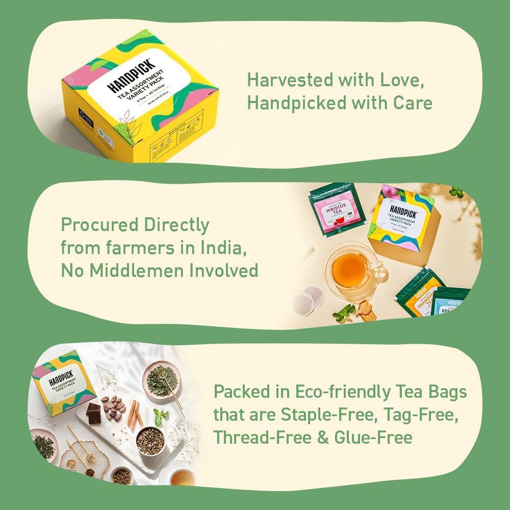 HANDPICK Tea Bags Sampler Assortment Variety Pack - 8 Flavors, 40 Tea Bags - Gift Box