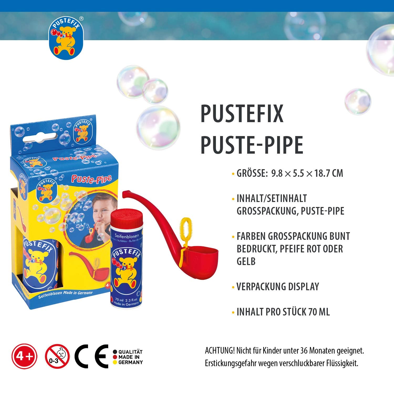 PUSTEFİX Bubbles Pipe Set - 70ml Solution | Colourful, Durable Bubbles | Made in Germany 4